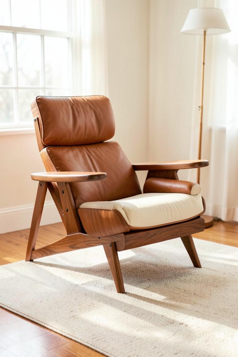Vintage designstoel — teak & cognac leer