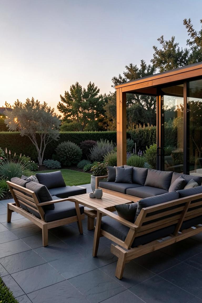 Loungeset teak met antracietkussens — 5 delen
